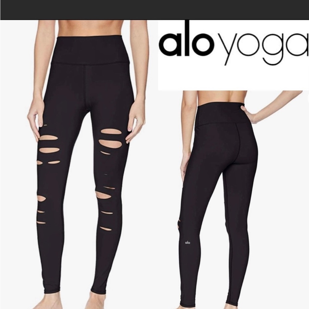 ALO YOGA Medium NWOT Black High Waist Ripped Warrior Leggings